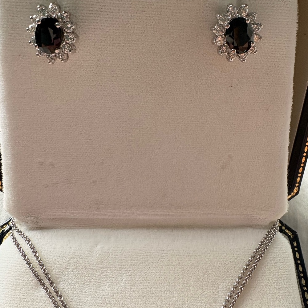 3 piece Sapphire Color Halo Pendant Necklace, earrings and ring. - Picture 6 of 7